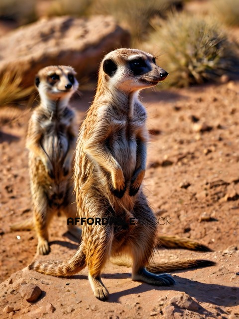 Two small, brown, and black, baby, meerkats, standing in the dirt