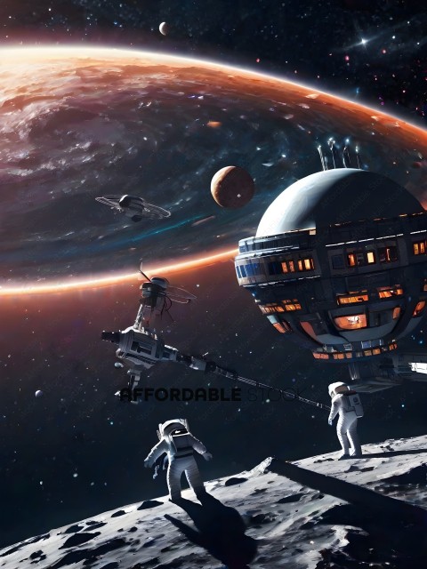 Astronauts on a space station with a planet in the background