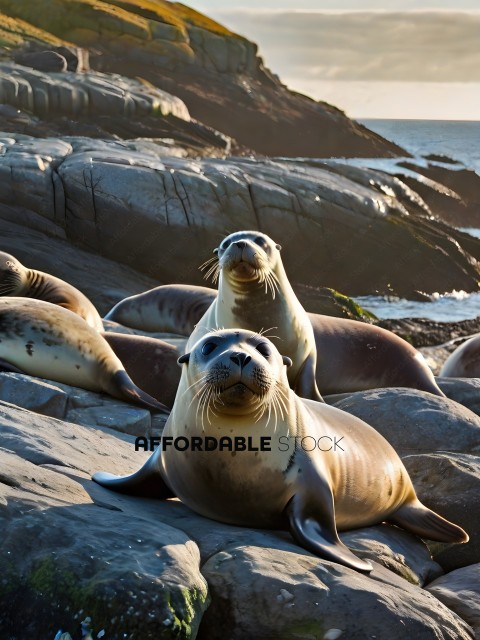 A group of seals resting on rocks