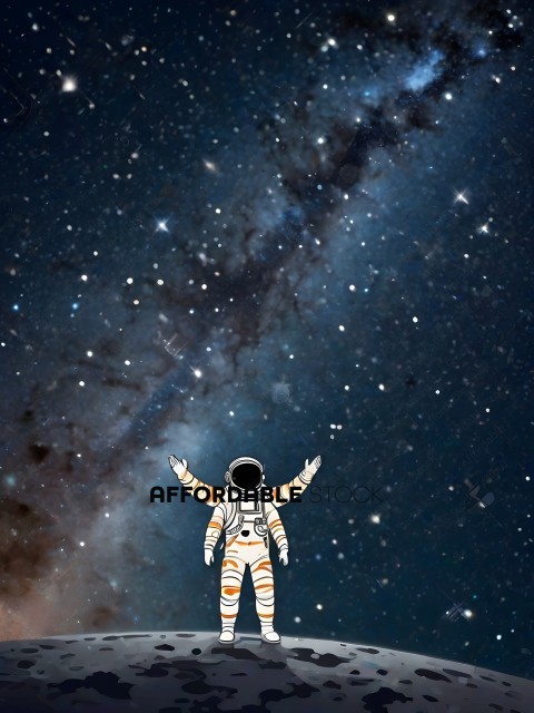 A space suit wearing astronaut with arms outstretched in front of a starry sky