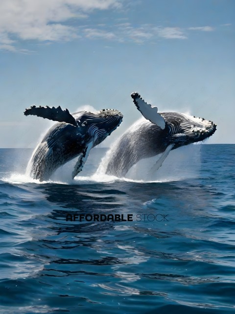 Two whales jumping out of the water