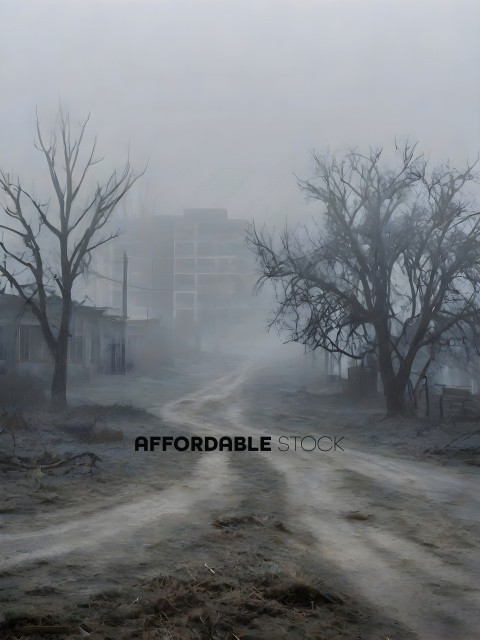 A foggy road with a building in the background