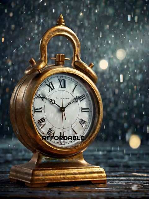 Gold Clock with Roman Numerals and Raindrops