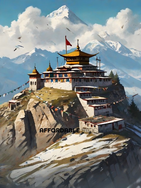 A painting of a mountain with a yellow building on top