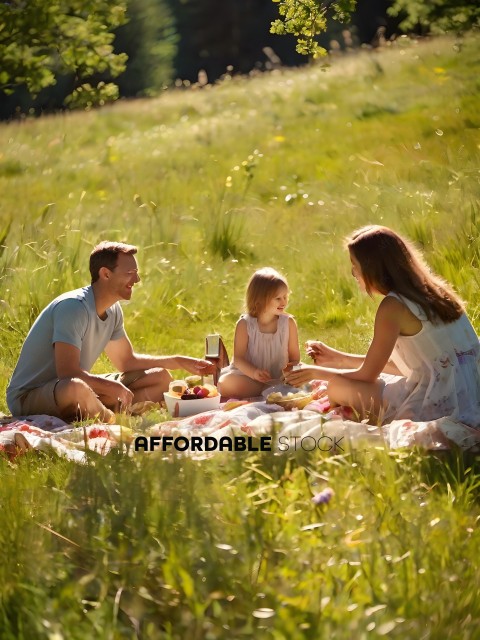 A family of three enjoys a picnic in a field