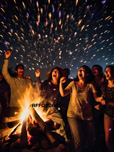 A group of people are laughing and cheering at a fire