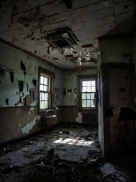 A room with peeling paint and a broken window