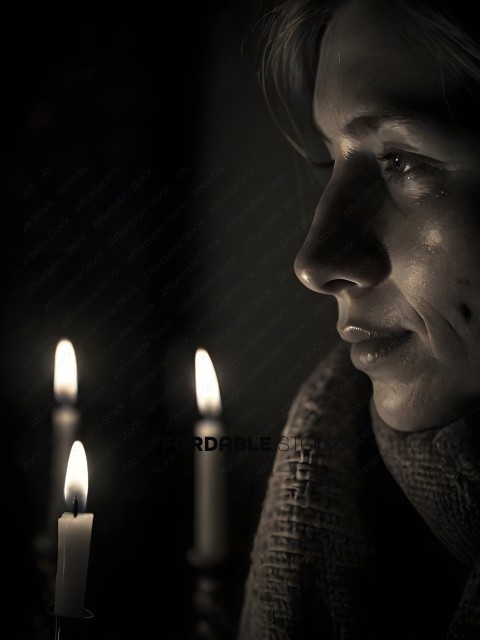 A woman looking at candles in the dark
