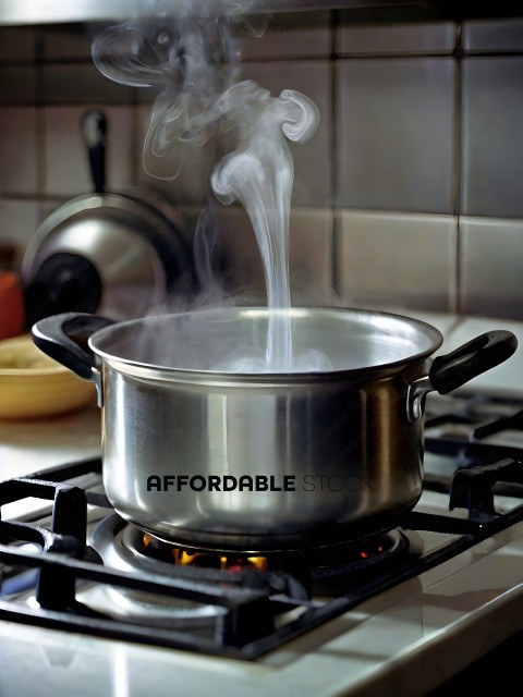 A silver pot on a stove with steam coming out