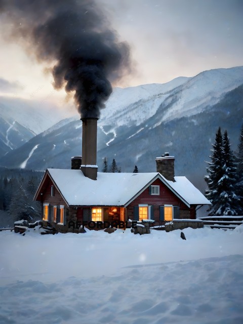 A cabin in the mountains with a chimney and smoke coming out