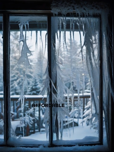 Snow covered trees and icicles hanging from a deck