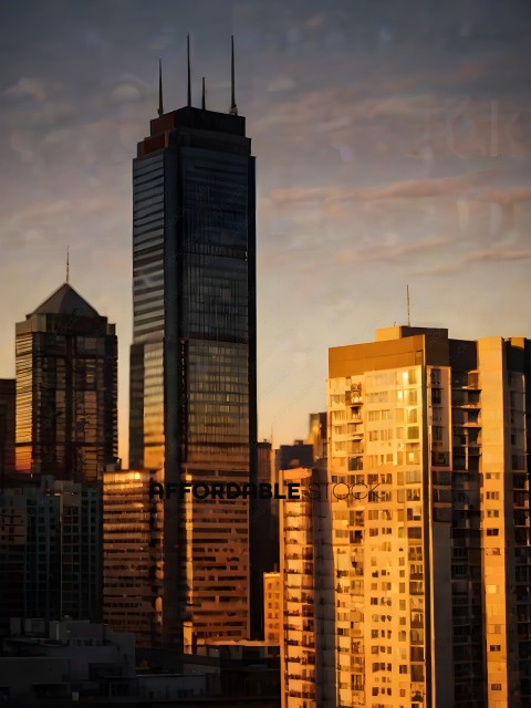 Tall buildings in a city with a sunset
