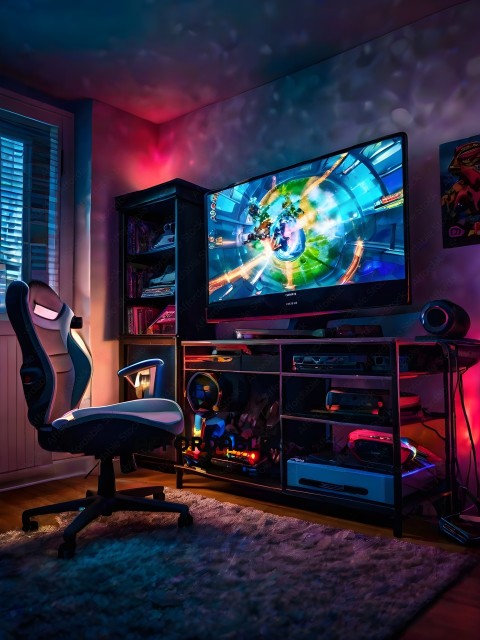 A Gaming Room with a Tv, Chair, and Speakers