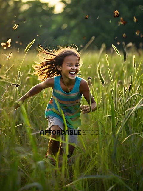 A young girl running through a field of tall grass