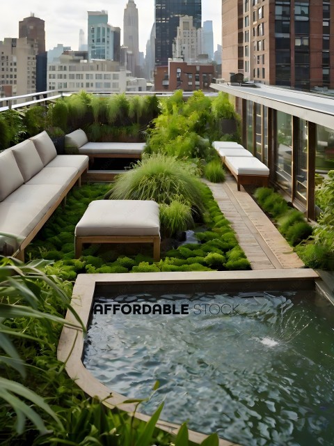 A rooftop garden with a pool and plants