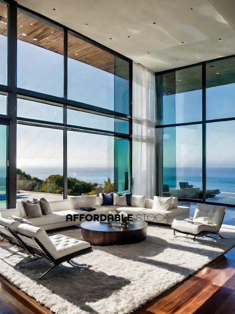 A spacious living room with a large glass wall overlooking the ocean