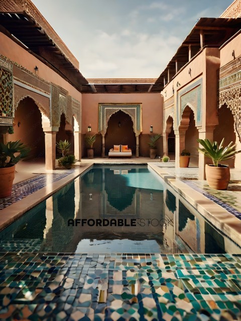 A swimming pool in a courtyard with a mosaic floor