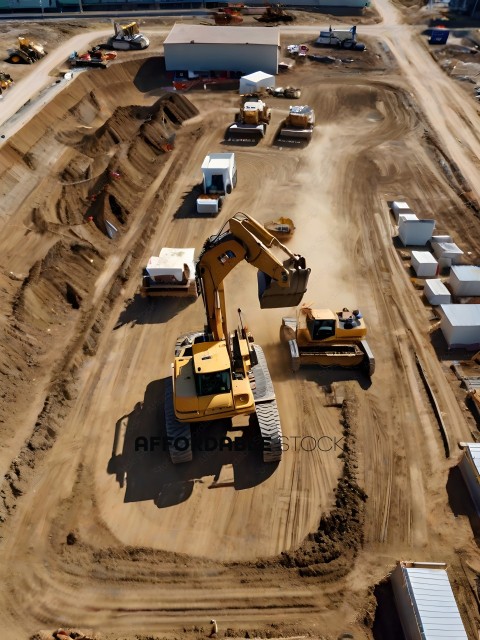 A yellow construction vehicle is digging in a dirt field