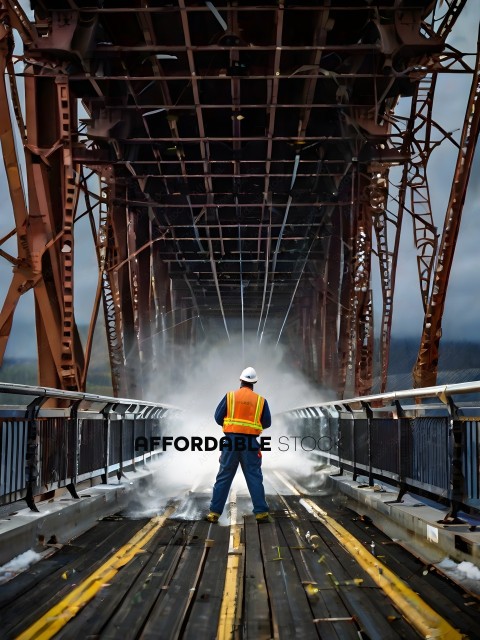 A construction worker wearing a yellow vest and white hard hat standing on a bridge