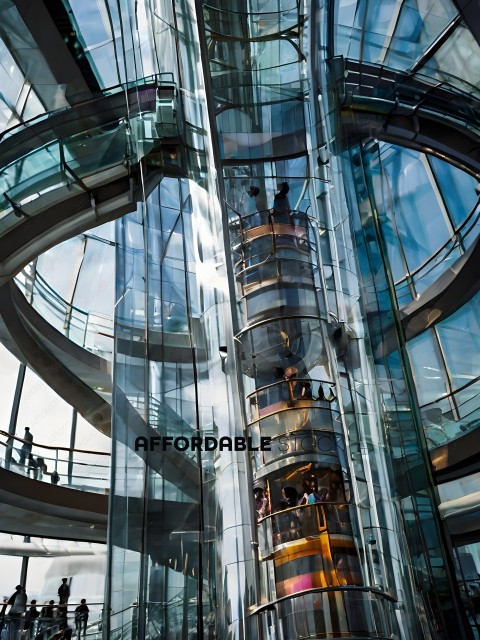 People on an escalator in a glass building