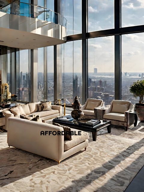 A luxurious living room with a city view
