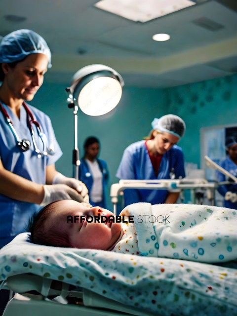 A nurse examines a newborn baby in a hospital