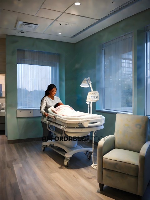 A woman in a hospital room with a baby in a crib
