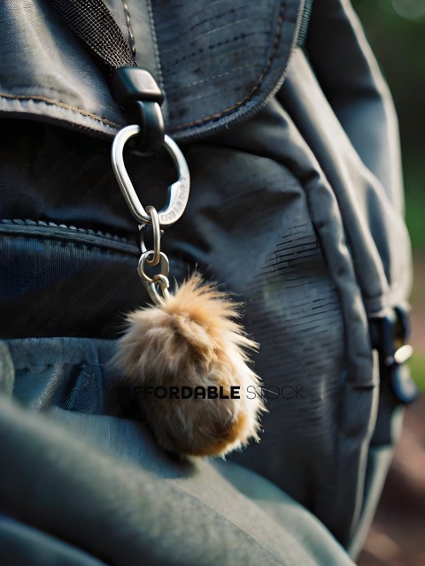 A furry object hangs from a backpack