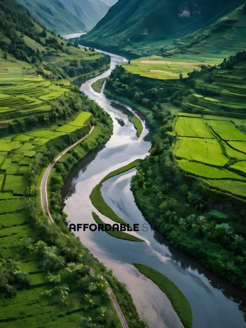 A river runs through a lush green landscape