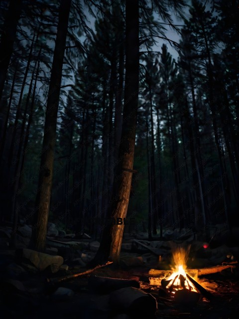 A campfire in the woods at night