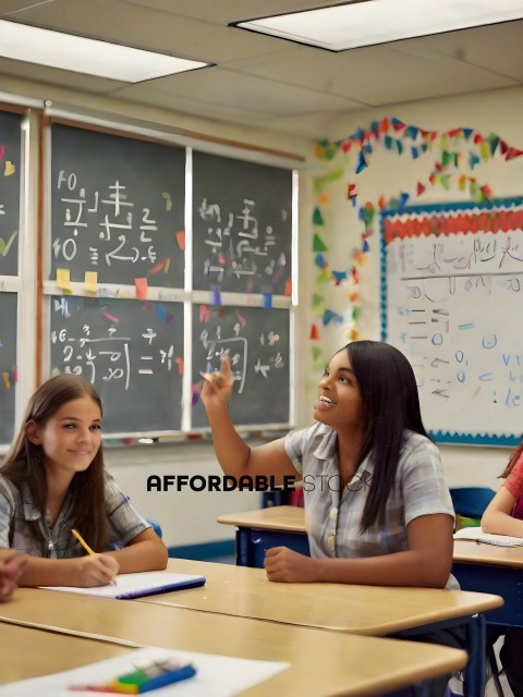Two girls in a classroom pointing at a chalkboard