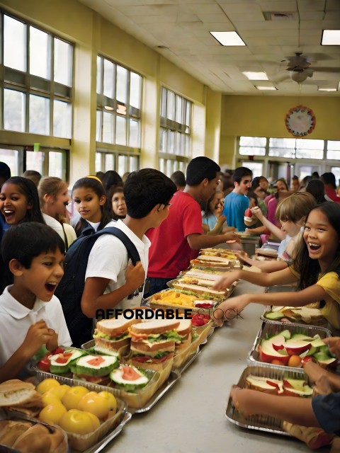 A group of children are lined up at a buffet table