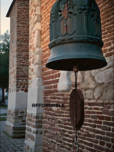 A large metal bell hanging from a brick wall