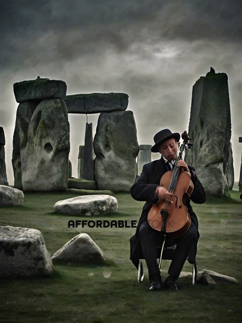 A man playing the violin in front of a stone monument