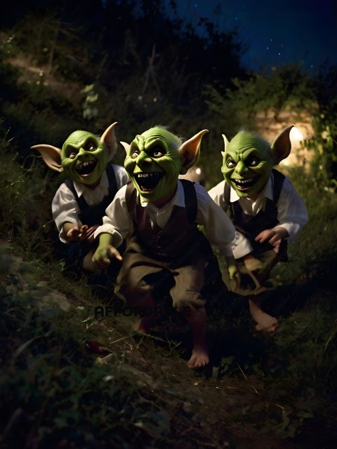 Three green faced goblins with big teeth and green skin