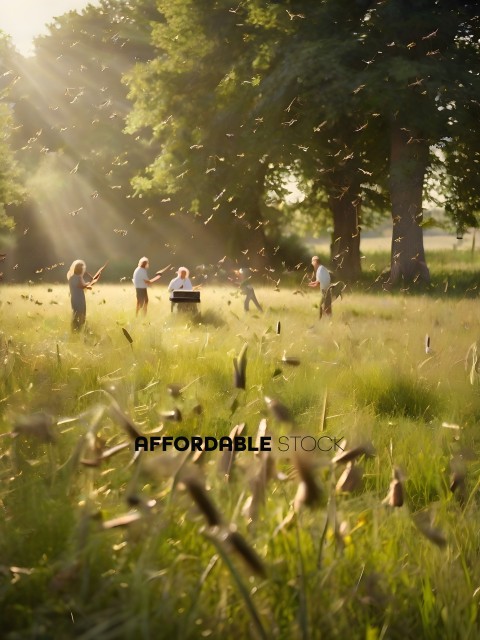 People in a field with a lot of grass and flying insects