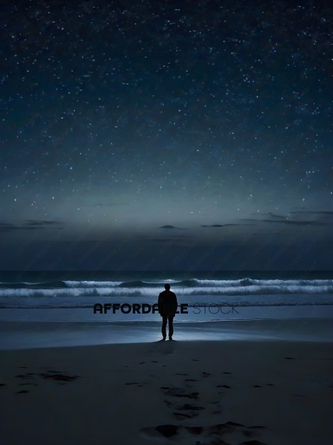 A person standing on a beach at night