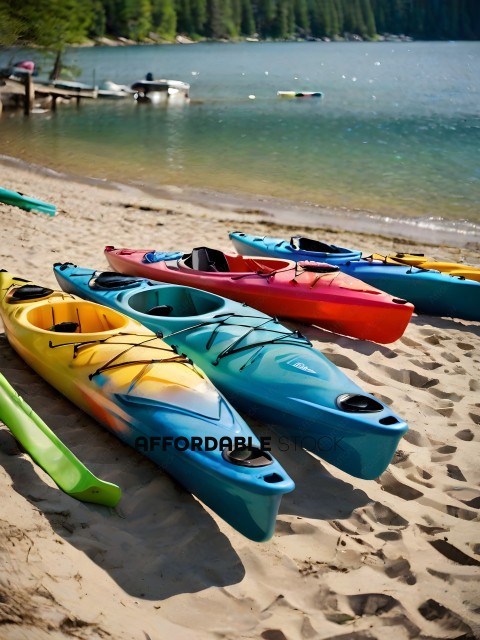 Row of colorful kayaks on sandy beach