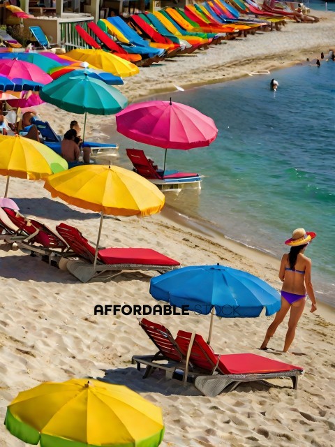 A woman in a bikini walks on a beach with many colorful umbrellas