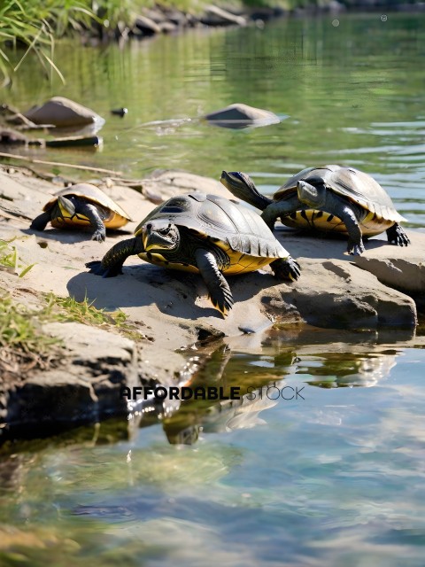 Three turtles in a pond