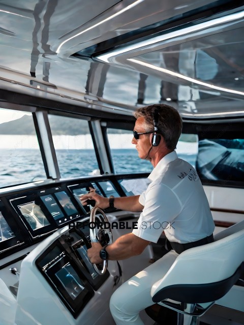 Man in White Shirt and Headphones Driving a Boat