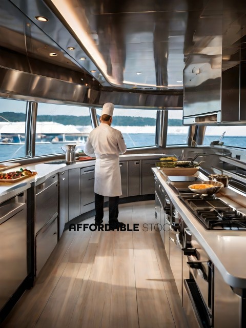 A chef in a large kitchen with a view of the water