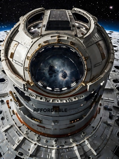 A futuristic space station with a large dome and a lot of windows