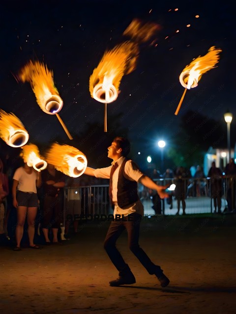 Man Juggling Fire Torches in a Crowd