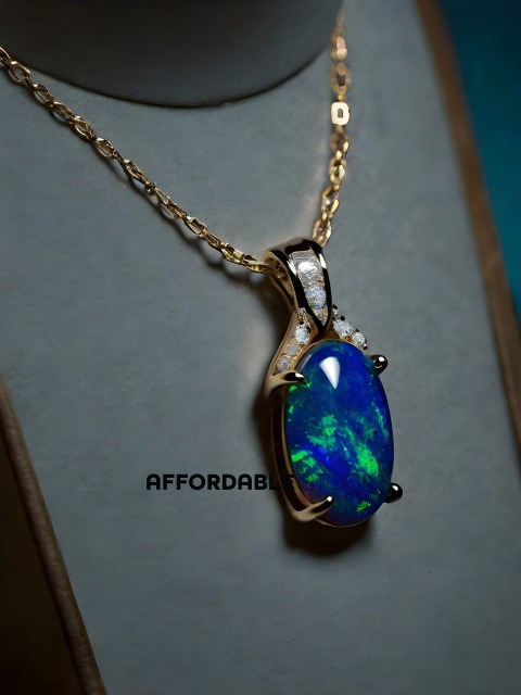 A gold and blue necklace with a green stone