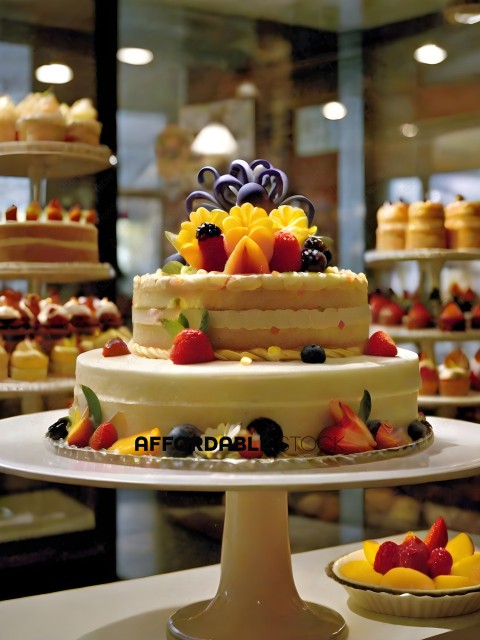 A beautifully decorated cake with fruit on top