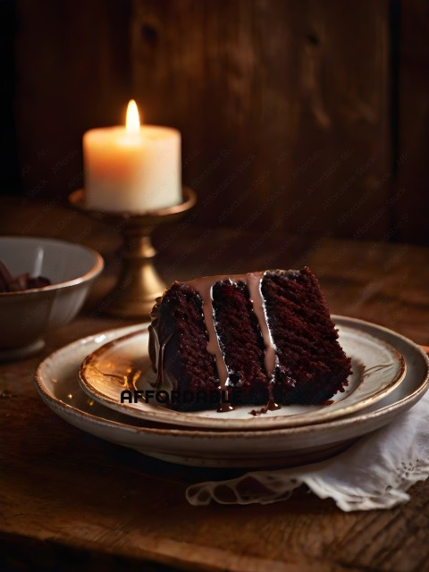 A slice of chocolate cake with a candle on a plate
