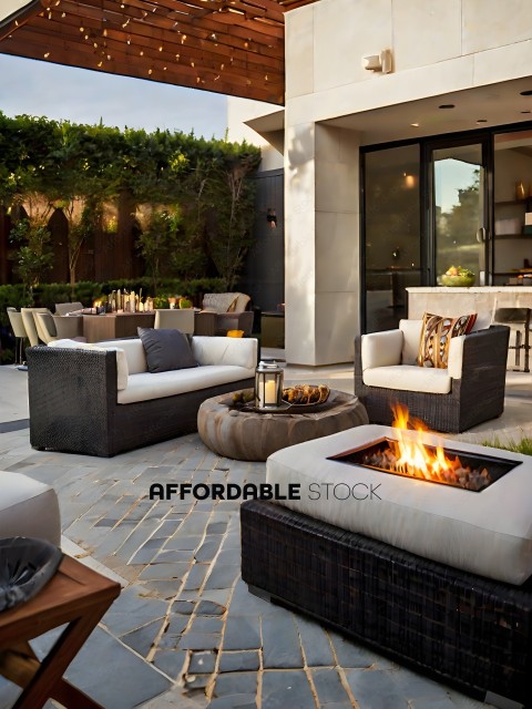 A patio with a fire pit and a table with a fire pit