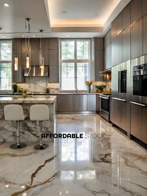 A large, modern kitchen with marble countertops and stainless steel appliances