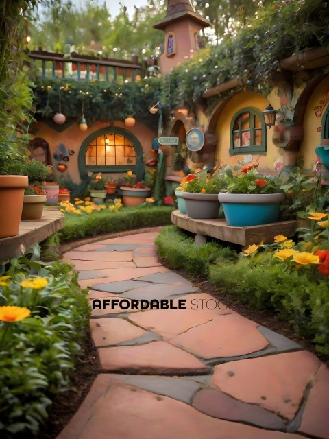 A beautiful garden pathway with potted plants and flowers